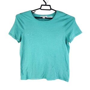 Womens Teal Pendleton Top Silk & Nylon Blend Short Sleeve Round Neck Size L